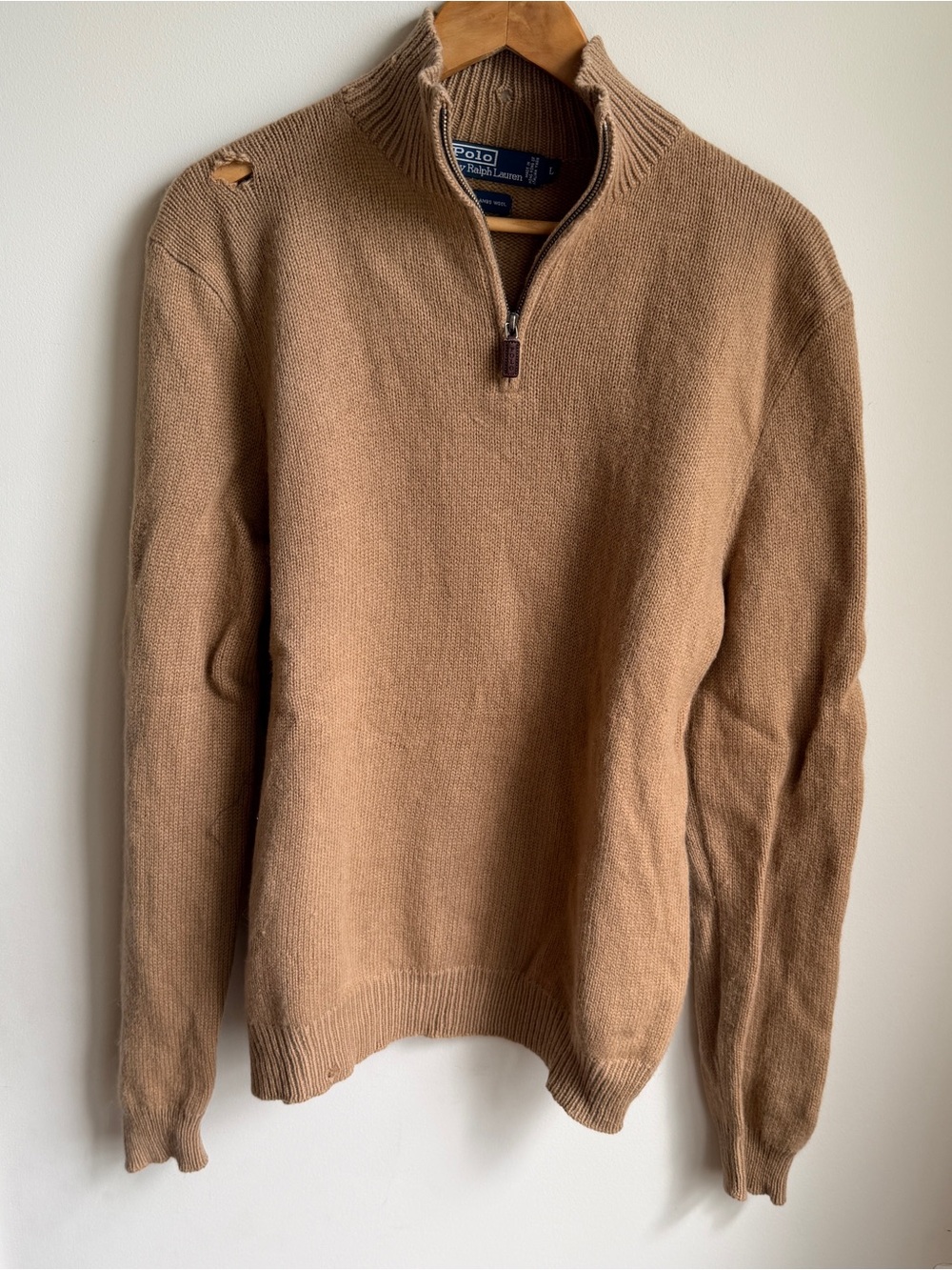 Polo Ralph Lauren 100% Lambswool Mock Neck Pullover Sweater Camel Large Holes